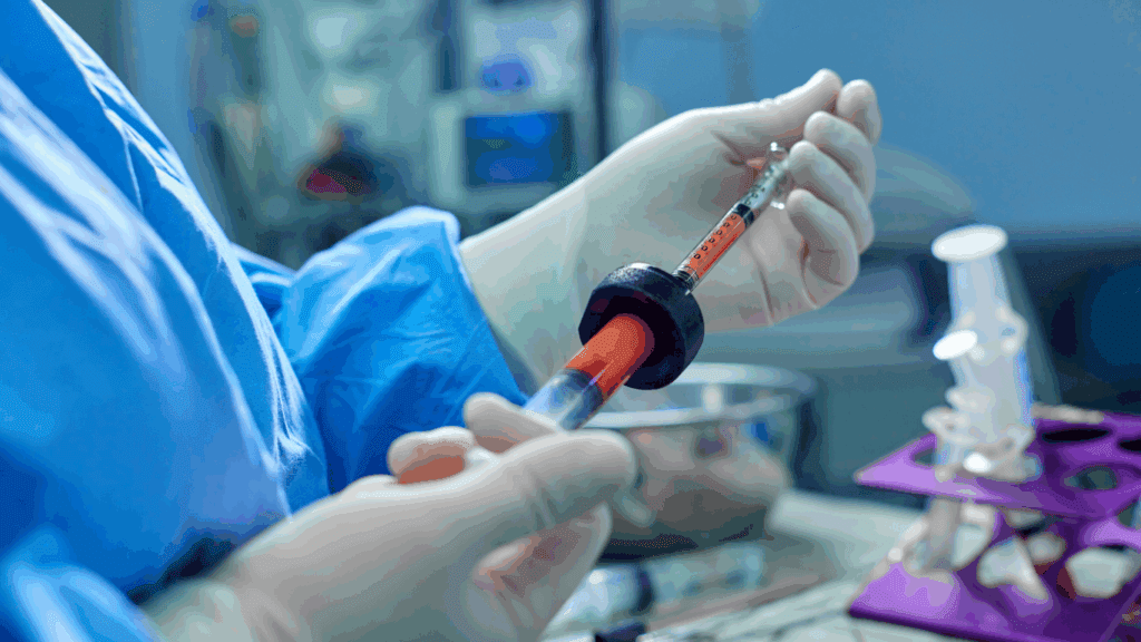 Σύριγγα γεμάτη με χρυσαφί διάλυμα nanofat προετοιμασμένη για ένεση στο τριχωτό σε αναγεννητική θεραπεία μαλλιών.