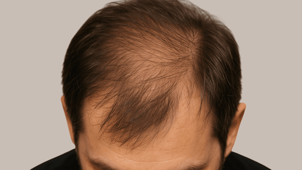 Ενήλικας άνδρας με εμφανή αραίωση μαλλιών στην κορυφή, αντιπροσωπεύοντας έναν καλό υποψήφιο για αποκατάσταση μαλλιών με nanofat βλαστικά κύτταρα.