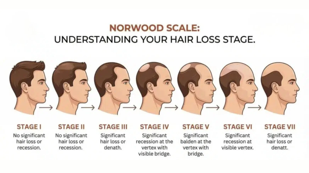 Hair loss specialist evaluating a patient's Norwood Scale stage during consultation