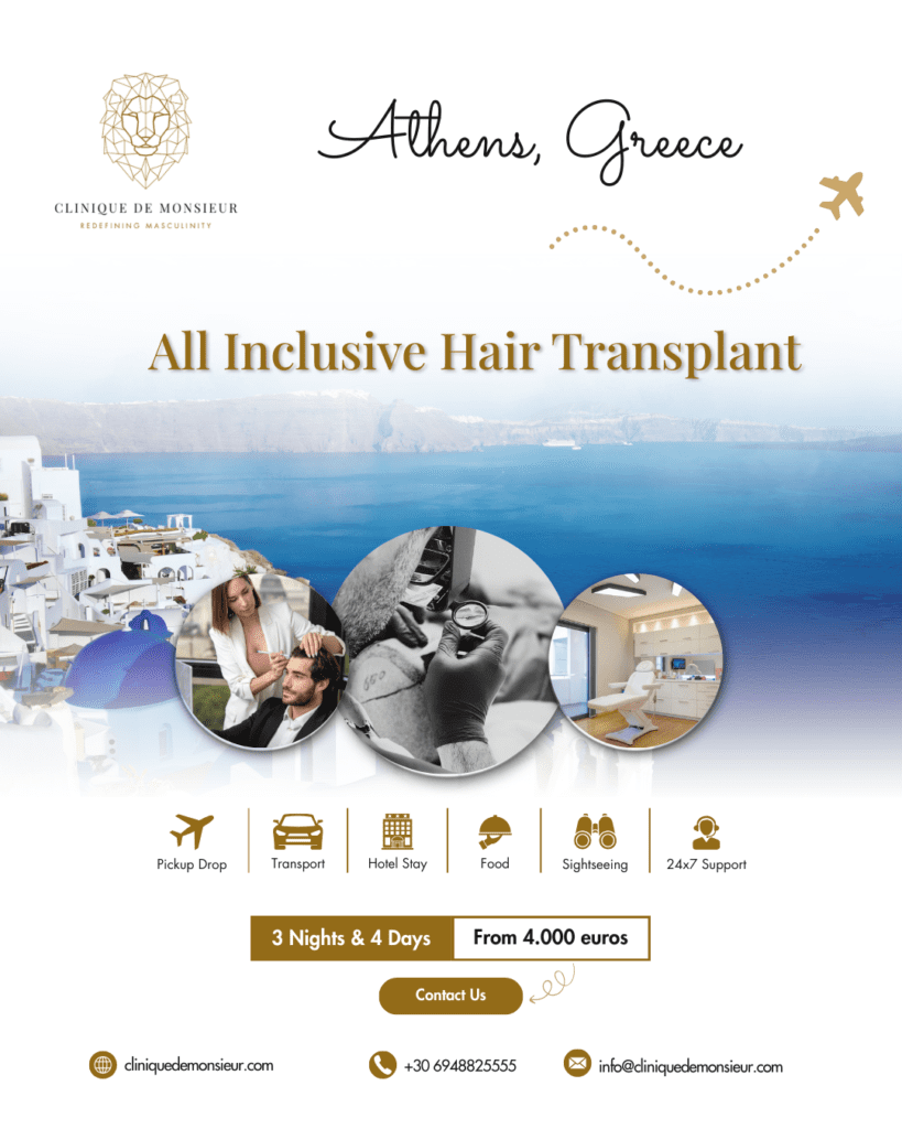 All inclusive μεταμόσχευση μαλλιών στην Ελλάδα με Clinique de Monsieur, περιλαμβάνει μεταφορά, διαμονή, θεραπεία και υποστήριξη.