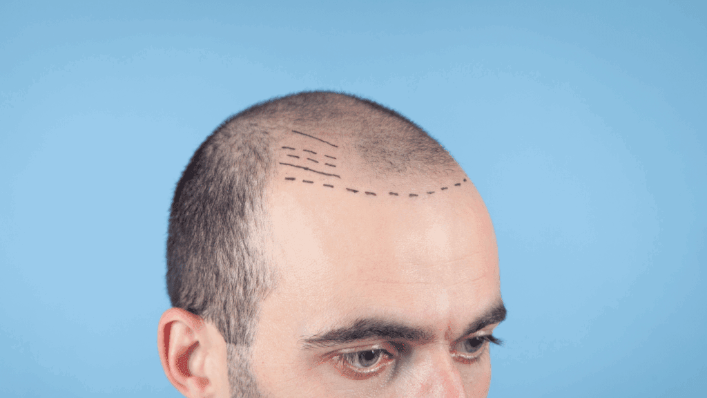 Surgeon performing FUE hair transplant on male patient