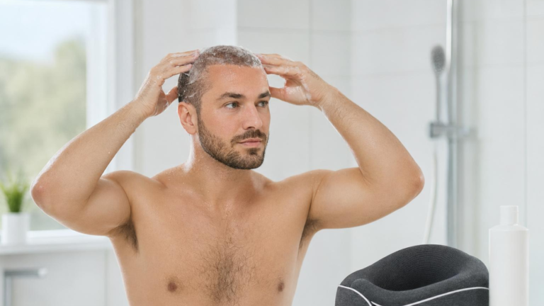 Patient applying mild shampoo after hair transplant surgery