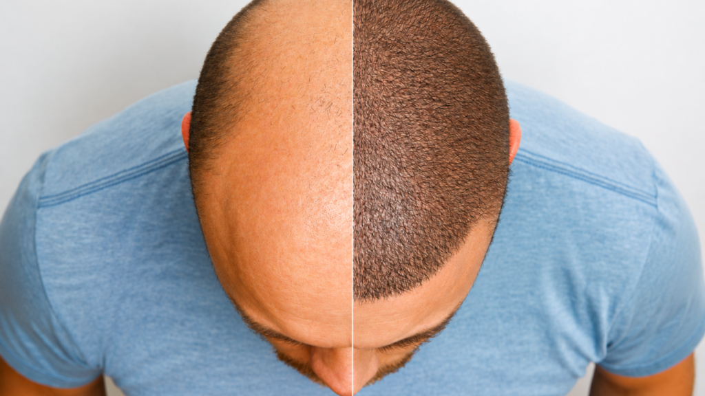 Hair growth beginning three months after a hair transplant procedure 