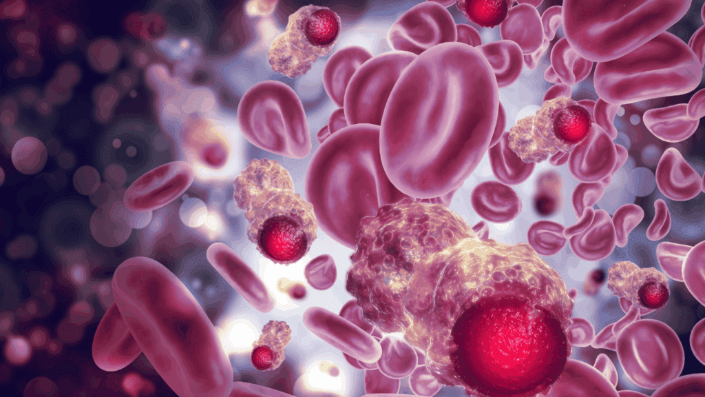 3D illustration of red blood cells and stem cells circulating in the bloodstream, symbolizing regenerative therapy potential.