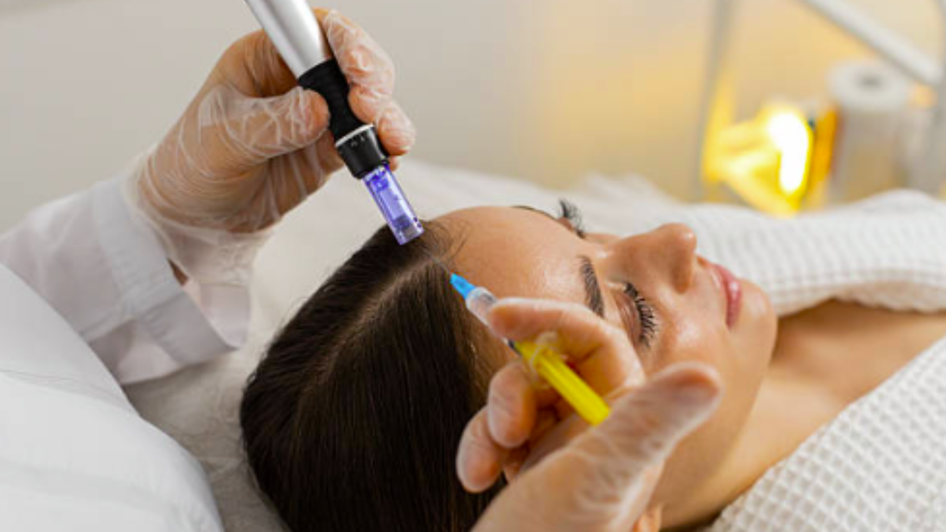 Doctor performing exosome injection on female patient’s scalp