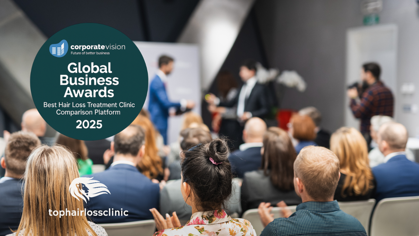 Trophy celebrating TopHairLossClinic.com's win at the Global Business Awards 2025